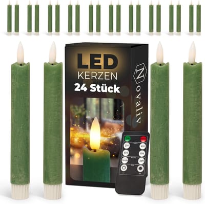 Novaliv LED-kaarsen, 24 stuks, echte was, groen - met timerfunctie, 6 uur - 18 cm hoog voor kaarsen, diameter 2,2 cm. 2 AAA-batterijen vereist. LED-kaarsen, set van 2, 6x groene bewegende vlam.
