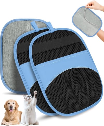 Set van 2 handschoenen voor het verwijderen van dierenharen - Antistatische borstelhandschoenen, geschikt voor het verwijderen van haren van katten, honden en andere huisdieren. Kan ook haren verwijderen van meubels, kleding en autostoelen (blauw).