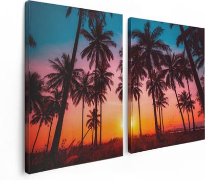 Artaza Canvas Schilderij Tweeluik Palmbomen op het Strand bij Zonsondergang - 120x80 - Foto Op Canvas - Canvas Print