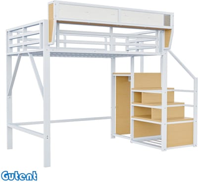 Gutent Loft bed - 140x200cm - met veiligheidstrap - Lockers - Metalen bed - Kinderbed - Wit- Zonder matras