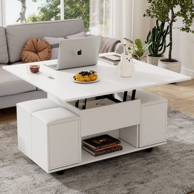 STILVORA Salontafel - Hoogteverstelbaar En Multifunctioneel - Voor Woonkamer En Eetmomenten - Wit - Spaanplaat - 100x100x64,5 Cm