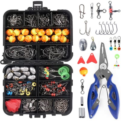 263-delige set met visgerei-accessoires, inclusief tang, jighaken, zinklood, wartels oranje