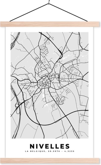 Posterhanger incl. Poster 40x60 cm - Schoolplaat - Stadskaart – Zwart Wit - Kaart – Nivelles – België – Plattegrond - Textielposter - Blanke latten - Stadskaart