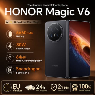 HONOR Magic V6 5G Smartphone EU-versie Snapdragon 8 Elite Gen5 6660mAh Batterij 80W SuperCharge MagicOS 10 7.95" OLED-scherm IP69