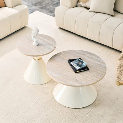 Salontafel set van 2 - Ruimtebesparend - Travertin look tafelblad - Woonkamer - Houtkleur