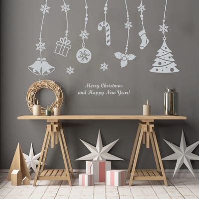 Fijne Kerst en een Gelukkig Nieuwjaar Sticker - 110x145cm - Zilver - Kerststickers - Feestelijke Decoraties