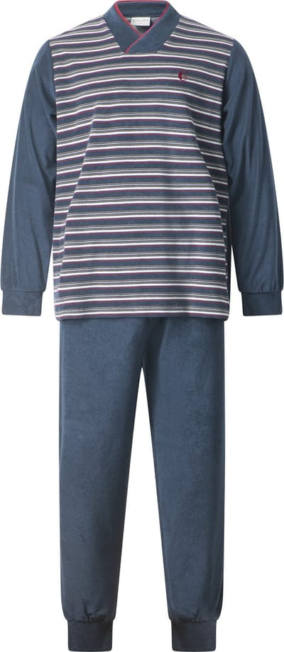 Gentlemen - warme heren pyjama badstof 114288 - sjaalkraag - donkerblauw met rood - maat M