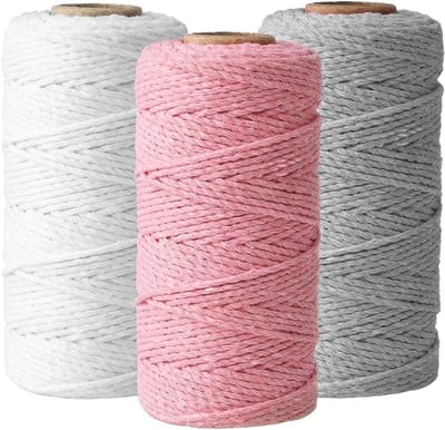 Set van 3 Stukken Macramé Draad 3mm x 100m - Kleurige Handwerk Touw voor Knutselen, Boho Decoratie en DIY Projecten (Wit, Lichtgrijs, Lichtroze)