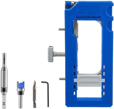 Set met klemmen voor deurscharnieren, inclusief verstelbare insteekklemmen, geschikt voor deurscharnieren met een lengte van 7,6 cm tot 12,7 cm, en voor vierkante scharnieren met een radius van 6 mm of 16 mm (blauw).