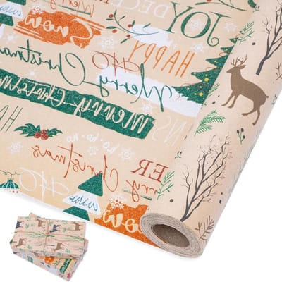 Vintage kerst cadeaupapier rollen, 10 m x 43 cm, dubbelzijdig bedrukt kraftpapier met eland, ideaal voor feestdagen, verjaardagen en speciale gelegenheden