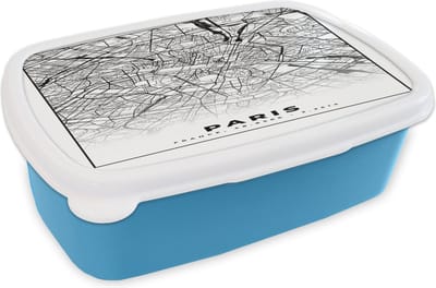 Broodtrommel Blauw - Lunchbox - Brooddoos - Kaart - Paris - Plattegrond - Parijs - Frankrijk - Stadskaart - Zwart wit - 18x12x6 cm - Kinderen - Jongen