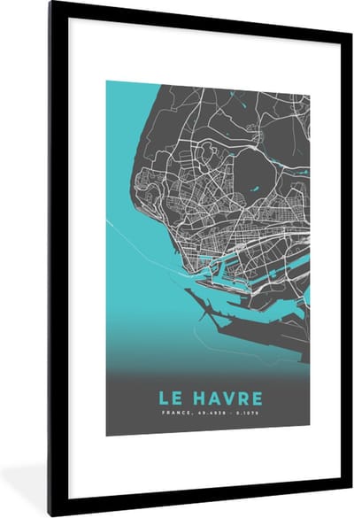 Fotolijst incl. Poster - Le Havre - Plattegrond - Stadskaart - Kaart - Frankrijk - 60x90 cm - Posterlijst