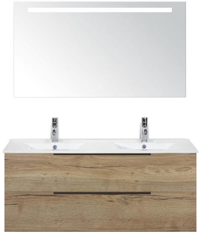Seville Badmeubelset 120 cm - 2 Laden Natuur Eik Edge - Wastafel Enjoy Dubbel met Sence Spiegel