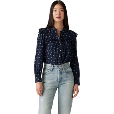 Levis Damesblouse Gianna met bloemenpatroon, hoge kraag en ruches (Marine)