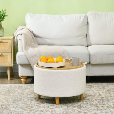 MEUNIQ ronde opbergpoef 56 x 42 cm met klapdeksel, gestoffeerde poef met verborgen opbergruimte, houten poten, als zitpoef of bijzettafel voor woonkamer en hal, wit