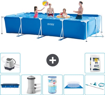 Intex Rechthoekig Frame Zwembad - 450 x 220 x 84 cm - Blauw - Inclusief Afdekzeil - Zwembadfilterpomp - Filter - Grondzeil - Schoonmaakset - Zoutwatersysteem - Zwembadzout - 8-delig
