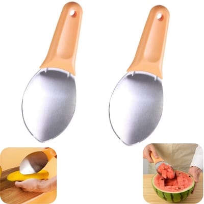 2 stuks snijder - mango snijder - watermeloen snijder - papaja snijder - antislip handvat - metalen schiller - wasbaar - herbruikbaar - keukenaccessoires - geschikt voor mango, watermeloen, papaja (geel, 21*8 cm)