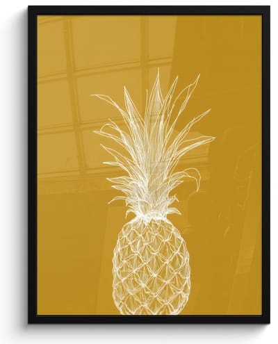 Poster in lijst - Fotolijst 50x70 cm - Posters - Lijnillustratie - Ananas - Bladkroon - Okergeel - Posterlijst zwart - Decoratie - Wanddecoratie woonkamer - Muurdecoratie slaapkamer