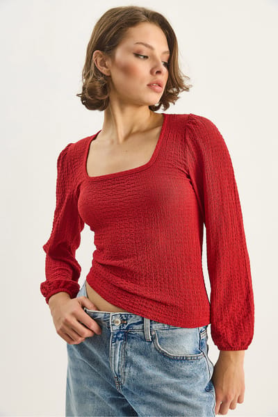 Slim Fit Vierkante Kraag Textuur Blouse