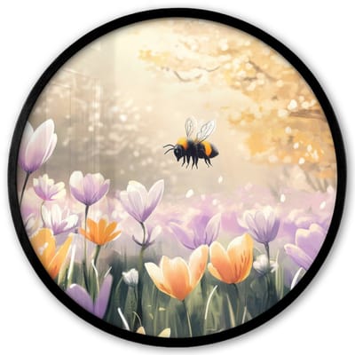 Poster in lijst Rond - Fotolijst 40x40 cm - Posters - Viooltjes - bij - Zonlicht - Ronde posterlijst zwart - Decoratie - Wanddecoratie woonkamer - Muurdecoratie slaapkamer