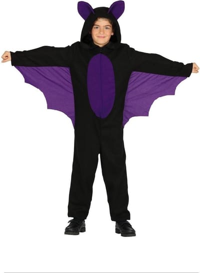 Halloween verkleed dierenpak vleermuis - kinderen - jumpsuit - zwart/paars - met vleugels 140/152