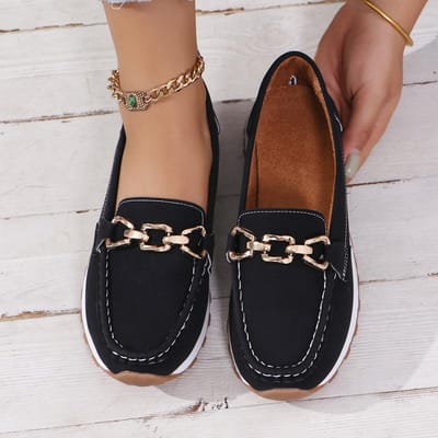 Mocassins décontractés à enfiler pour femme, plateforme plate unique, avec chaîne en métal 36 noir