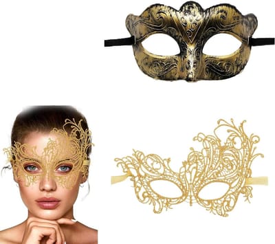 Elegante set van 2 carnavalsmaskers - Bronzen herenmasker en gouden damesmasker voor gemaskerde bal, feest en kostuumverkleedpartij