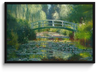 Poster in lijst - Fotolijst 90x60 cm - Posters - Brug - Hout - Vijver - Waterlelies - Posterlijst zwart - Decoratie - Wanddecoratie woonkamer - Muurdecoratie slaapkamer