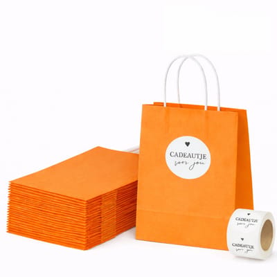 25 x papieren draagtassen Van Kraftpapier oranje 18x8x22cm Met Handvat en stickers cadeautje voor jou 4cm/ Kraft Papieren Tasjes / Cadeautasjes met gedraaid handgrepen / Zakjes/