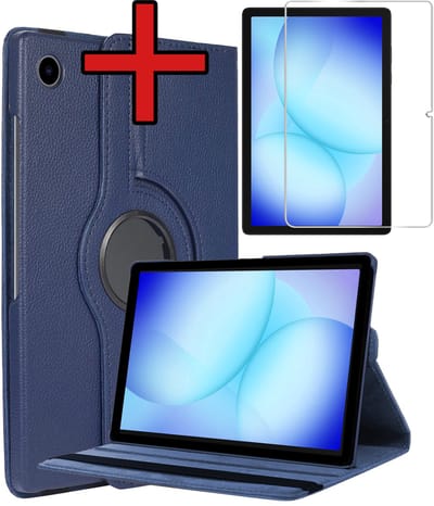 Hoesje - Geschikt voor Samsung Galaxy Tab A11 Plus / A9 Plus - Met Screenprotector - 360 Graden Hoes - Draaibare Hard Cover Case - Tablethoes Draaibaar - Donkerblauw