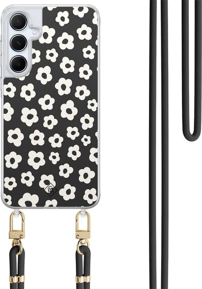 Casimoda® hoesje met koord - Geschikt voor Samsung A35 - Retro Bloempjes - Afneembaar koord - TPU/polycarbonaat - Zwart