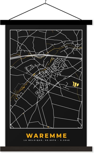 Posterhanger incl. Poster 40x60 cm - Schoolplaat - Waremme - Kaart - Stadskaart - Goud - Plattegrond - Textielposter - Zwarte latten - Stadskaart