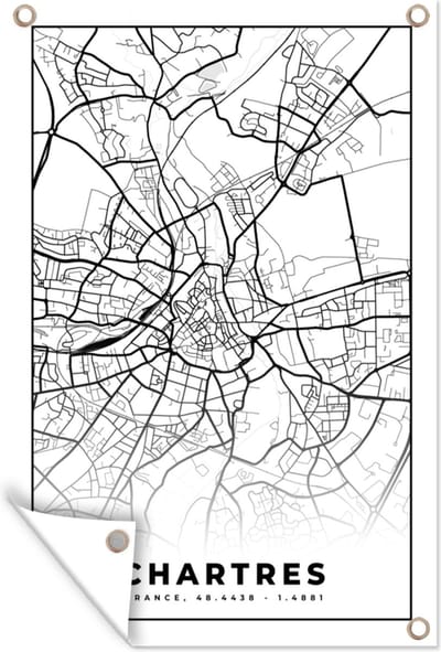 Muurdecoratie Frankrijk – Kaart – Plattegrond – Stadskaart - Chartres - Zwart wit - 120x180 cm - Tuinposter - Tuindoek
