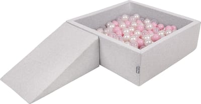 KiddyMoon Ballenbak voor kinderen 90x30cm Vierkant met Wig - 100 Ballen ∅7cm - Foam speelset - Speelgoed baby schuim - Ballenbad baby foam - Kunststof ballen - Schuimvulling - Lichtgrijs: Poederroze Parel Transparant