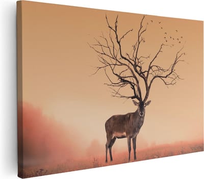 Artaza Canvas Schilderij Hertenkop Met Gewei - 30x20 cm - Klein - Wanddecoratie Hert - Muurdecoratie Woonkamer - Schilderijen Op Canvas Surrealistisch