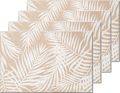 Zeller placemats palm bladeren print - 4x - linnen - 45 x 30 cm - beige/wit - Tafel onderleggers