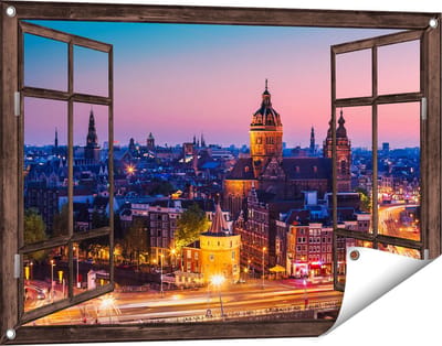 Gards Tuinposter Doorkijk Amsterdam Skyline bij Zonsondergang - 90x60 cm - Tuindoek - Tuindecoratie - Wanddecoratie buiten - Tuinschilderij