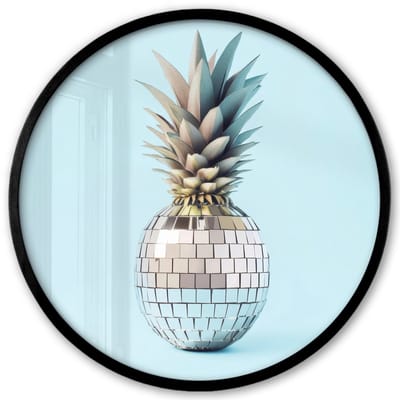 Poster in lijst Rond - Fotolijst 40x40 cm - Posters - Blauw - Ananas - Disco - Discobal - Ronde posterlijst zwart - Decoratie - Wanddecoratie woonkamer - Muurdecoratie slaapkamer