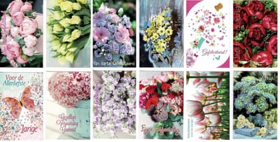 12 Hartelijk Gefeliciteerd Wenskaarten - Bloemen - Felicitatie - Verjaardag - 11x16cm - dubbele gevouwen kaarten met envelop