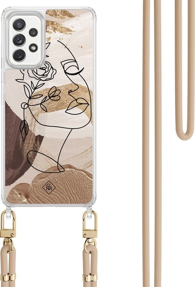 Casimoda® hoesje met koord - Geschikt voor Samsung A52(s) - Abstract Gezicht Bruin - Afneembaar koord - TPU/polycarbonaat - Bruin/beige