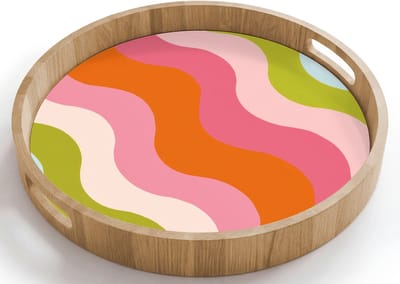 Dienblad rond 40x40 cm - Schootdienblad hout - Banen - Golven - Kleurrijk - Verticaal - Borrelplank rechthoek - Plateau houten dienbladen