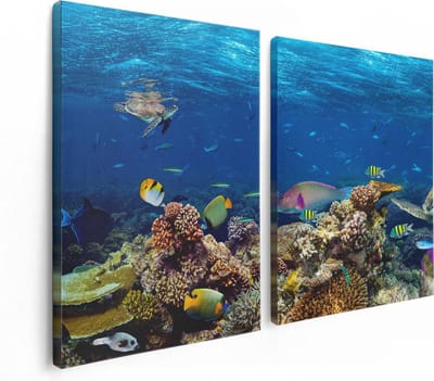 Artaza Canvas Schilderij Tweeluik Vissen met Koraalrif in de Oceaan - 120x80 cm - Wanddecoratie Woonkamer - Schilderijen - Muurdecoratie