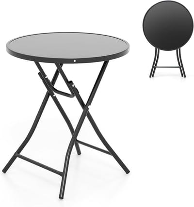 KOMFOTTEU Opvouwbare tuintafel, ronde bijzettafel, diameter 59 cm, tuintafel met tafelblad van gehard glas, balkontafel met metalen frame, voor terras, veranda, zwembad, zwart
