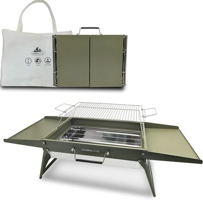 Houtskoolgrill Opvouwbaar 47 x 34 cm - Draagbare BBQ Grill voor Camping, Picknick, Tuin en Strand - Groen