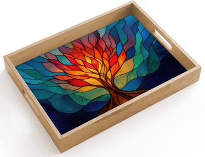 Dienblad hout 40x30 cm - Schootdienblad - Sierglas - Boom - Rood - Vlakken - Borrelplank rechthoek - Plateau dienbladen