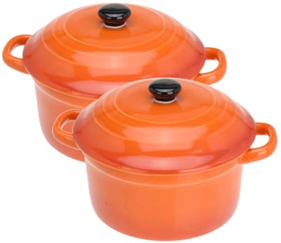 Excellent Houseware Mini stoofpannetje - Set van 2x stuks - ovenschaaltje - oranje - 9 cm - porselein - serveerschaaltje - Tapaspannetje