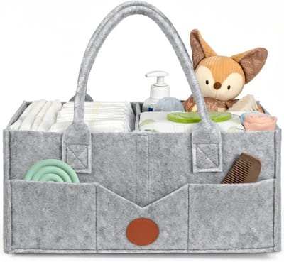 Famanu - Draagbare vilten babyopbergmand met handvat, afneembare vakken, voor commode of babykamer, voor luiers, doekjes en inzetstukken, grijs