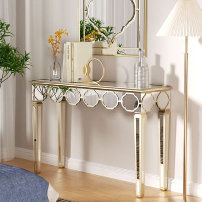Artloge Consoletafel - Sidetable - Spiegel Wandtafel met Gouden Rand - Zilver - 120 x 35 x 76 cm - Console Tafel voor Hal, Woonkamer, Entree