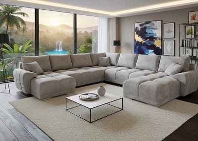 Fluwelen U-vormige Hoekbank met Slaapfunctie, Opbergruimte en Luxe Kussens – 365 x 189 cm – Uittrekbare Slaapbank & Bedfunctie – Moderne Hoekbank Lichtgrijs – House&Garden