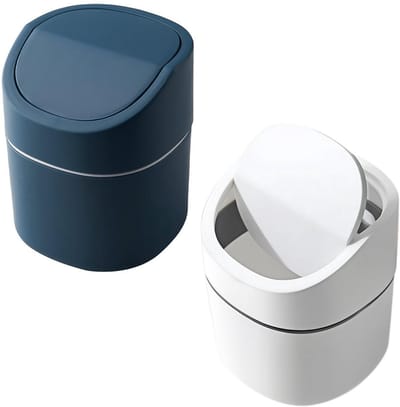 Kleine Vuilnisemmer - Mini Afvalbak - Bureau Opruimen - Met Deksel - 2 Stuks - Blauw Wit